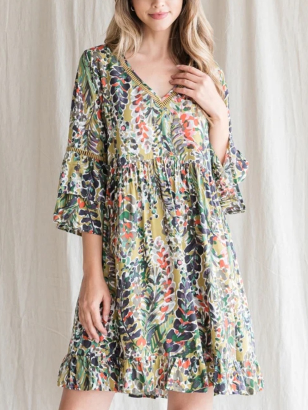 JODIFL Yellow Floral V-Neck Babydoll Dress